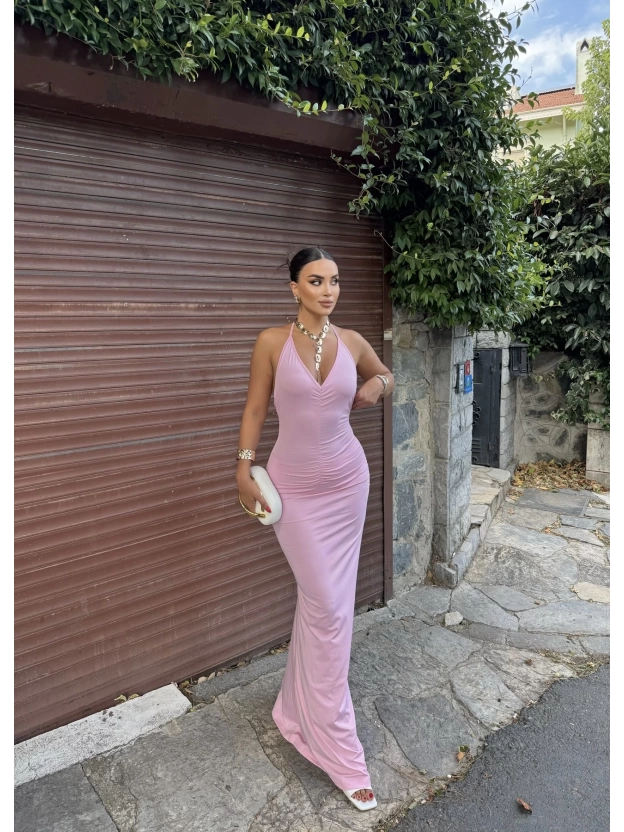 Pembe Boyundan Bağlamalı Göğüs Büzgü Elbise