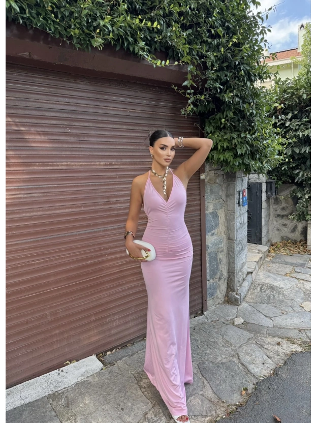 Pembe Boyundan Bağlamalı Göğüs Büzgü Elbise