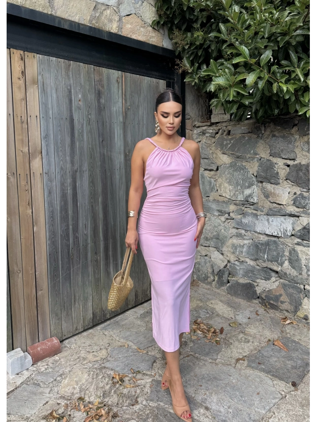 Pembe Halter Yaka Büzgülü Elbise