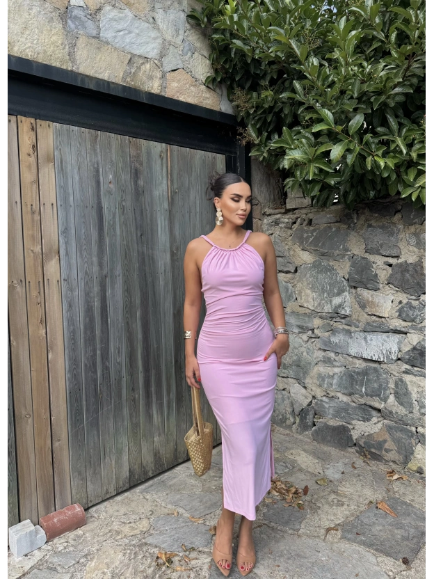 Pembe Halter Yaka Büzgülü Elbise