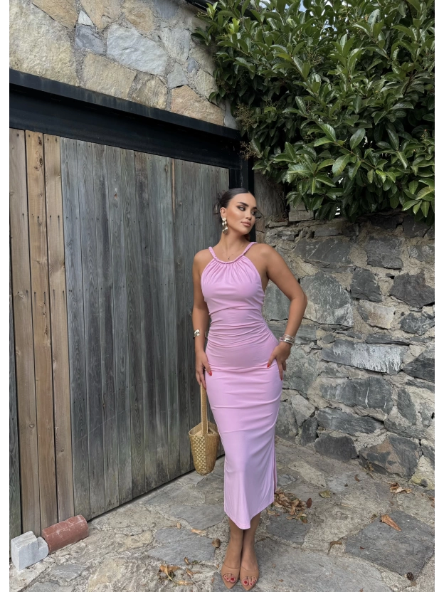 Pembe Halter Yaka Büzgülü Elbise