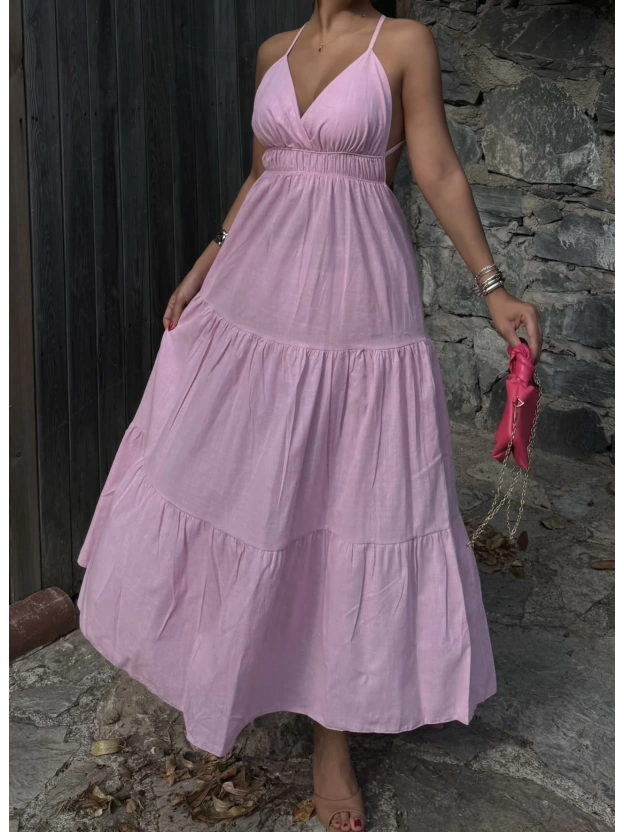 Pembe Sırt Detay Keten Elbise