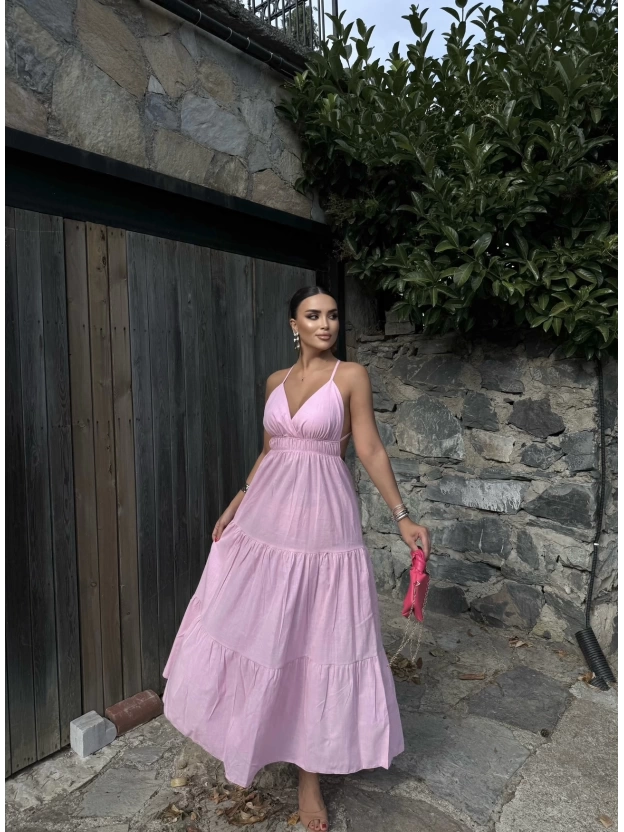 Pembe Sırt Detay Keten Elbise