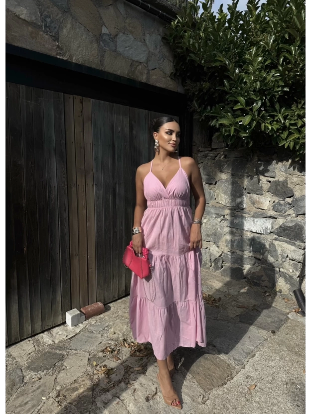 Pembe Sırt Detay Keten Elbise
