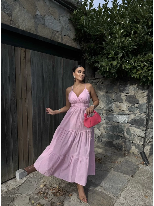 Pembe Sırt Detay Keten Elbise