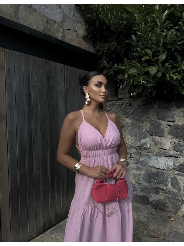 Pembe Sırt Detay Keten Elbise
