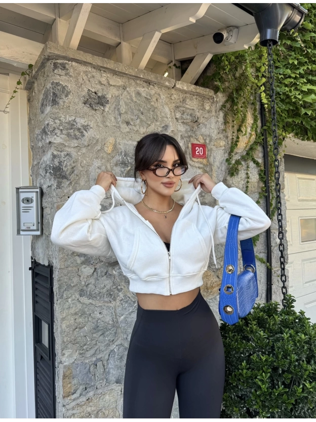 Beyaz Fermuarlı Crop Hırka