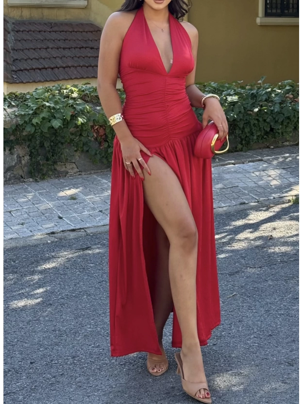 Kırmızı V Yaka Drapeli Yırtmaçlı Premium Elbise