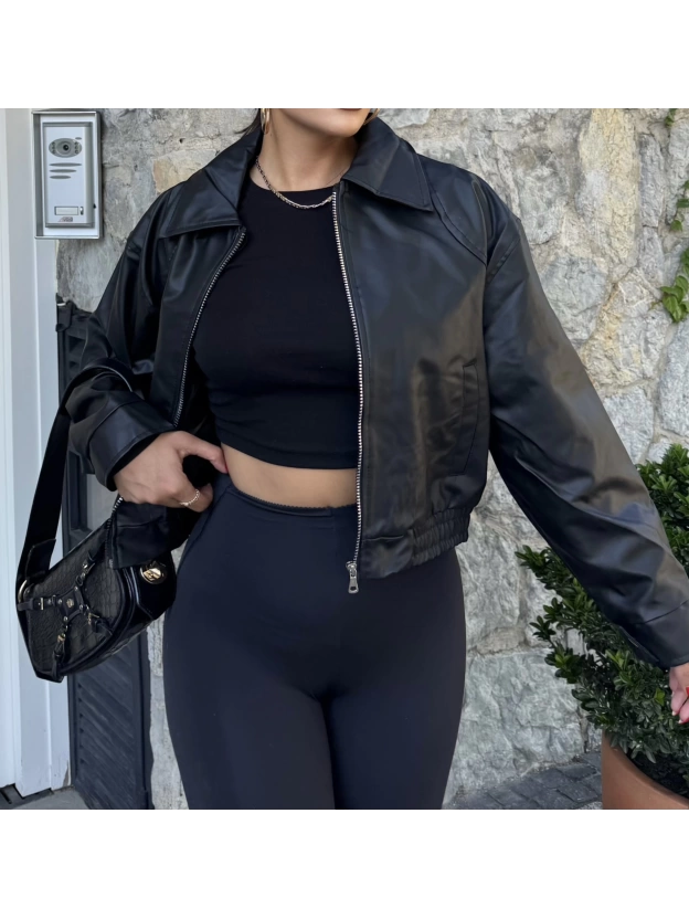 Siyah Bomber Deri Ceket