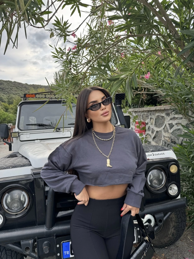 Antrasit Oversize Crop Sweatshırt