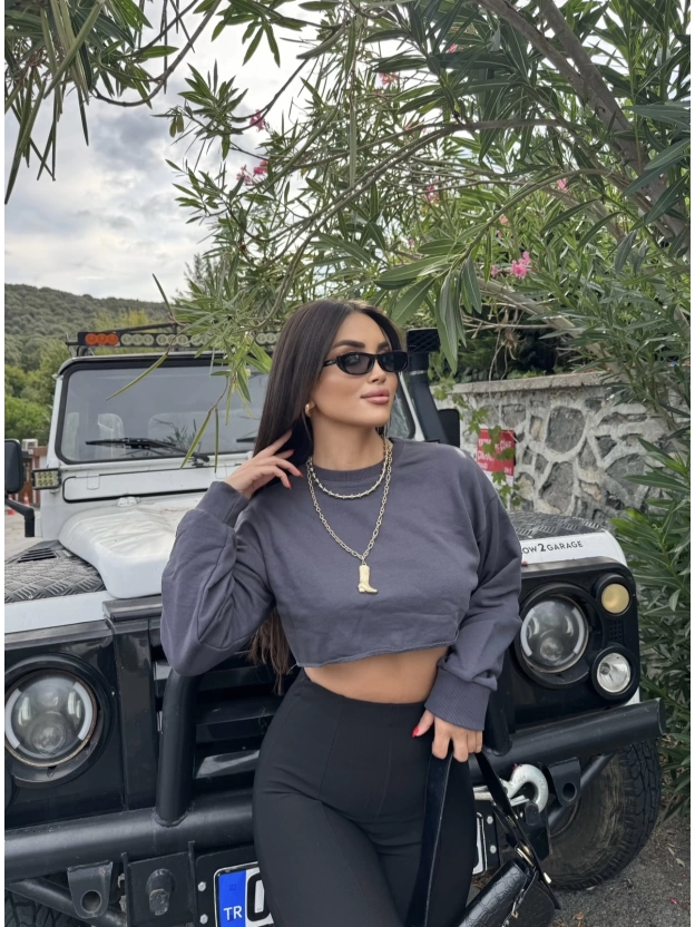Antrasit Oversize Crop Sweatshırt