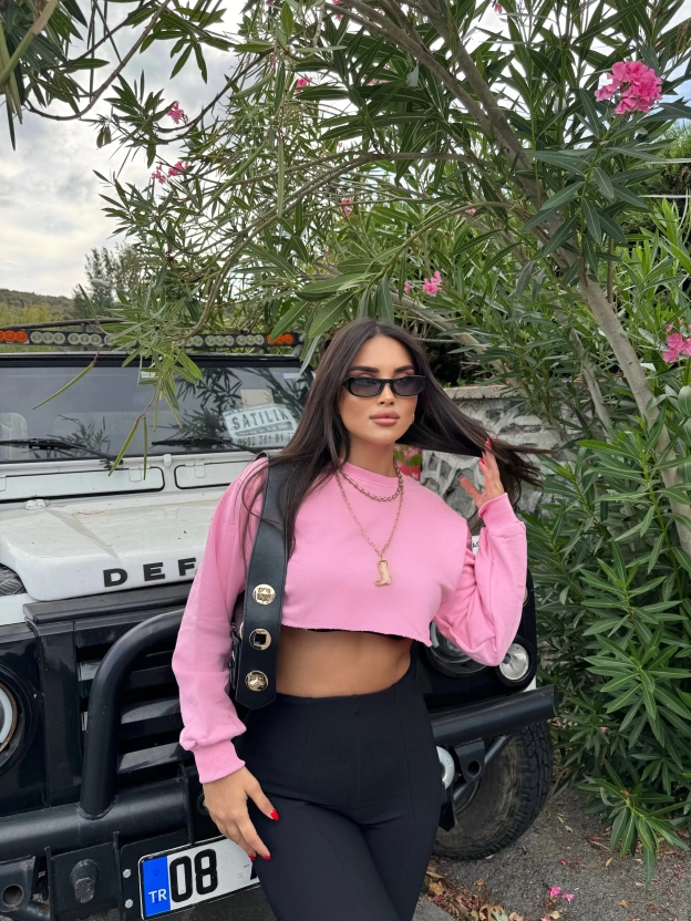 Pembe Oversize Crop Sweatshırt