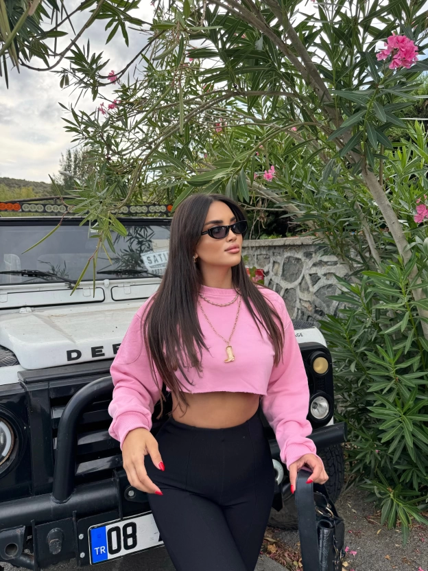 Pembe Oversize Crop Sweatshırt