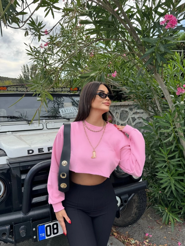 Pembe Oversize Crop Sweatshırt