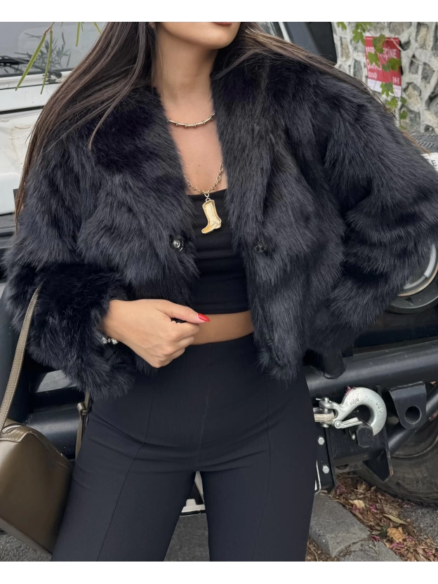 Siyah Kapüşonlu Crop Kürk