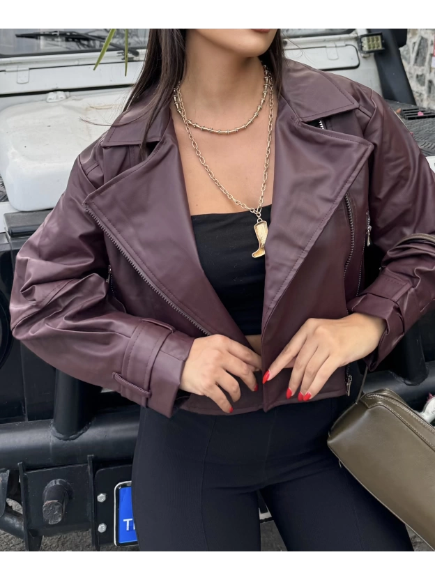 Bordo Balon Kol Deri Ceket