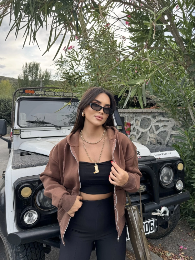 Kahverengi Fermuarlı Oversize Hırka