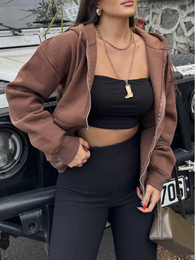 Kahverengi Fermuarlı Oversize Hırka