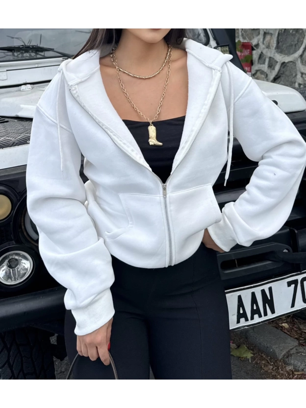 Beyaz Fermuarlı Oversize Hırka