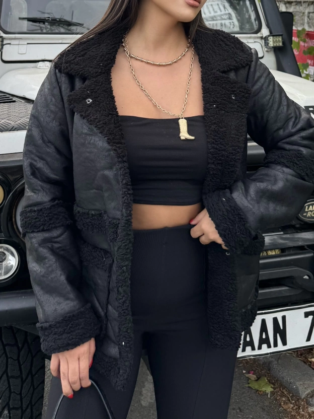 Siyah Kürk Detay Oversize Kaban