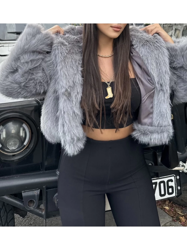Gri Kapüşonlu Crop Kürk