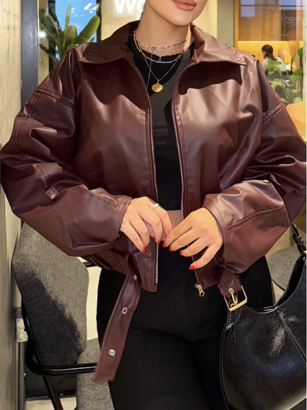 Bordo Kemer Detay Oversize Deri Ceket