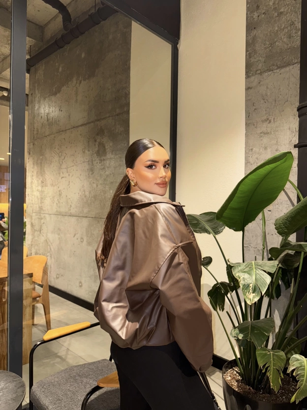 Kahverengi Kemer Detay Oversize Deri Ceket