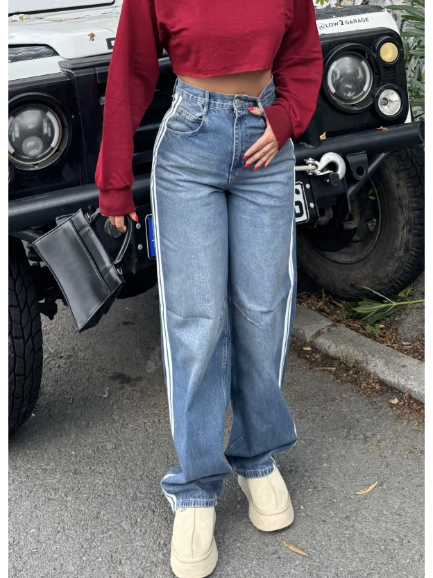 Mavi Şeritli Tokalı Baggy Jean