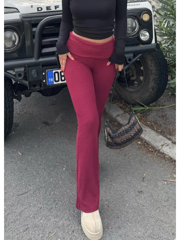 Bordo Bel Katlamalı Brshk Yumoş Tayt Pantolon