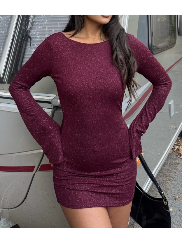 Bordo Sırt Detay Simli Elbise