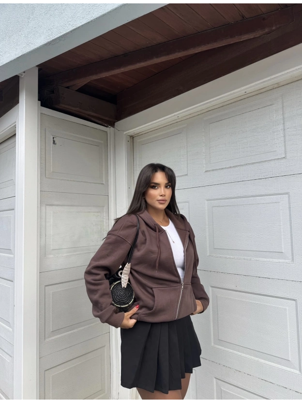 Acı Kahve Fermuarlı Oversize Hırka