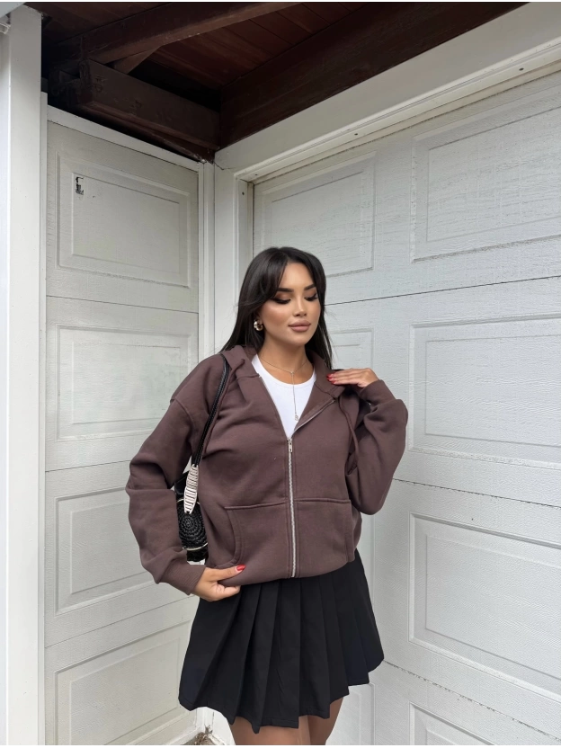 Acı Kahve Fermuarlı Oversize Hırka