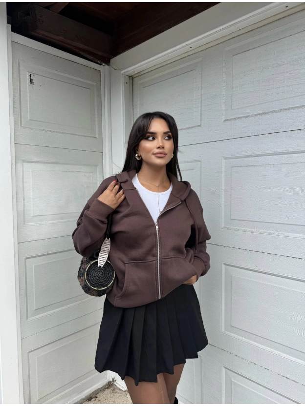 Acı Kahve Fermuarlı Oversize Hırka