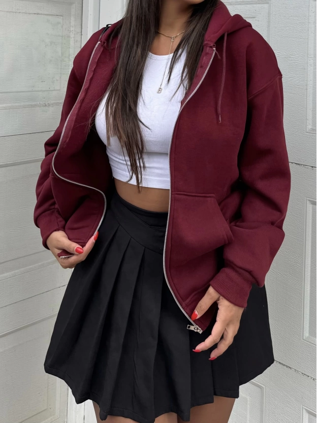Bordo Fermuarlı Oversize Hırka