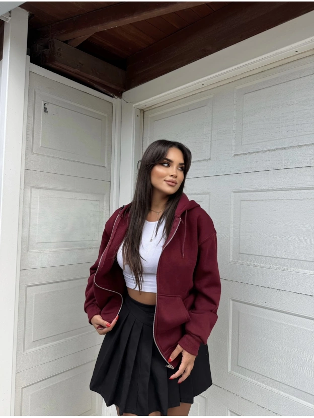 Bordo Fermuarlı Oversize Hırka