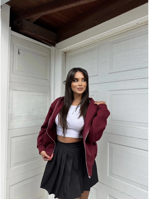 Bordo Fermuarlı Oversize Hırka