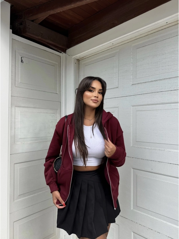 Bordo Fermuarlı Oversize Hırka