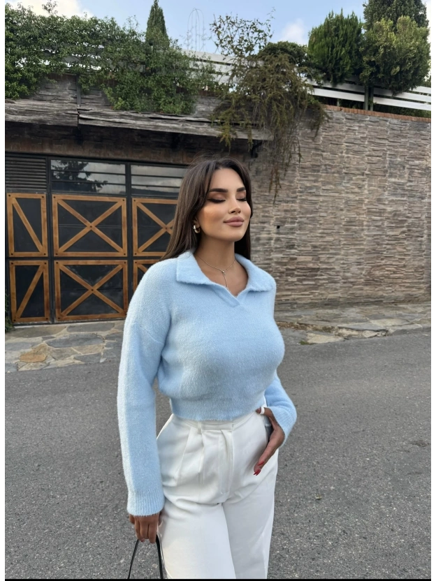 Mavi Polo Yaka Yumoş Kazak