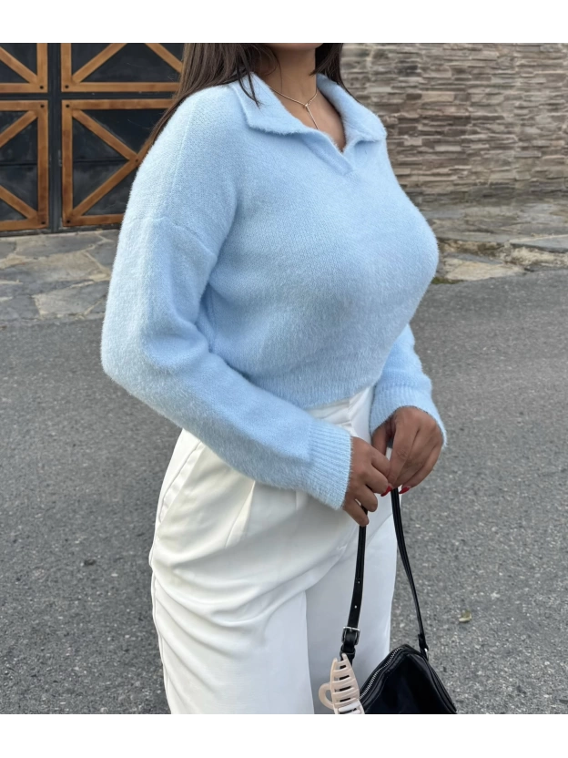 Mavi Polo Yaka Yumoş Kazak