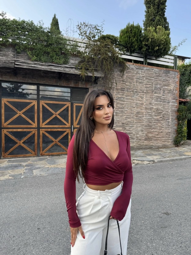 Bordo Kruvaze Yaka Basic Crop