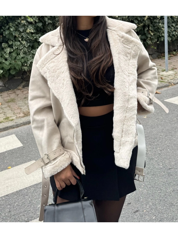 Bej Süet Detay İçi Peluş Mont