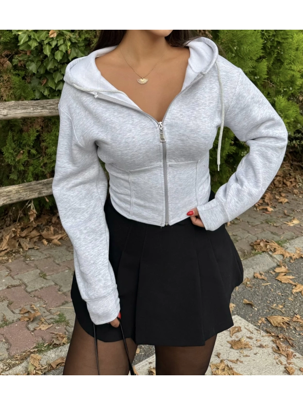 Gri Korse Detay Crop Hırka