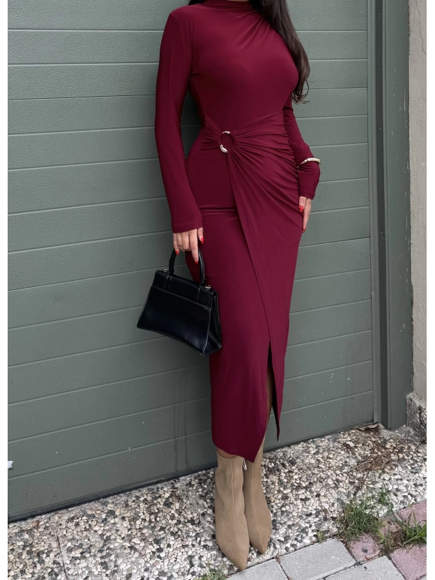 Bordo Bisiklet Yaka Bel Detay Uzun Elbise