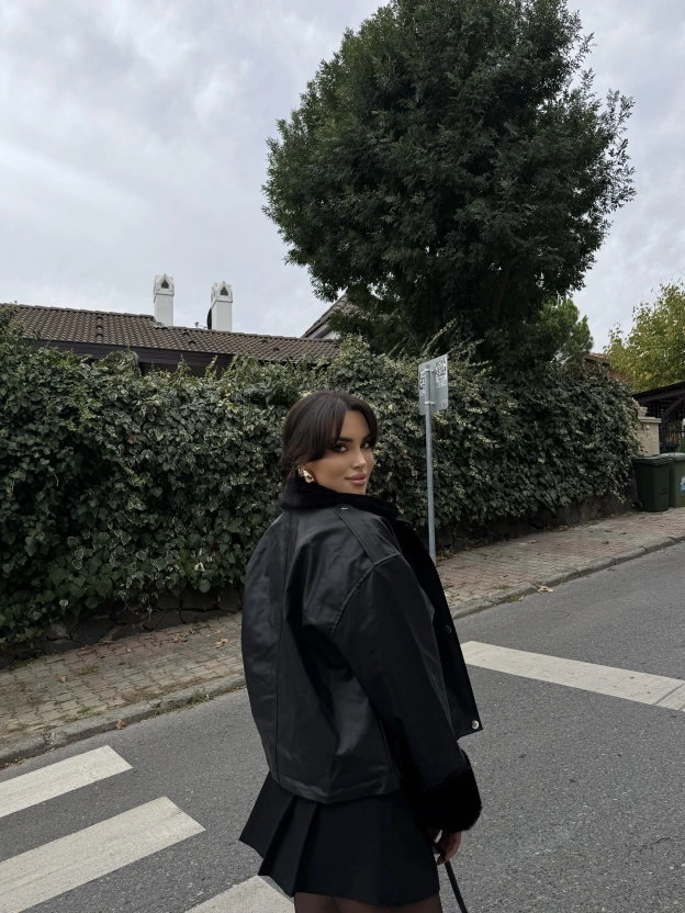 Siyah Deri Kürk Detay Ceket