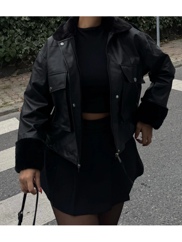 Siyah Deri Kürk Detay Ceket