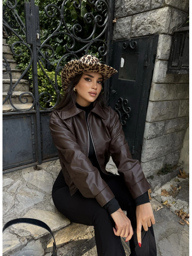 Kahverengi Deri Bomber Ceket