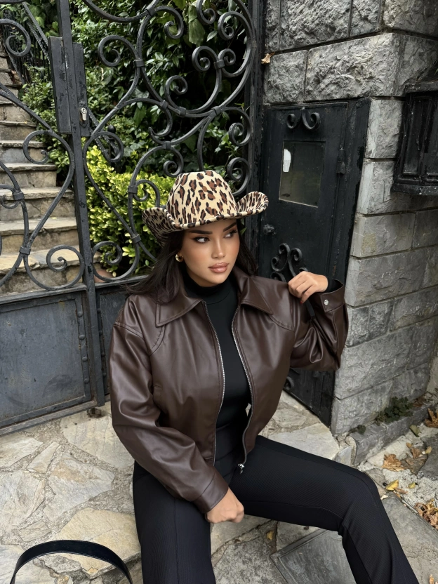 Kahverengi Deri Bomber Ceket