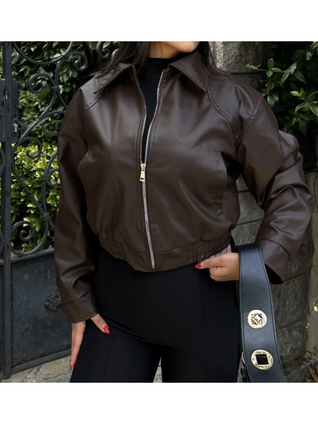 Kahverengi Deri Bomber Ceket