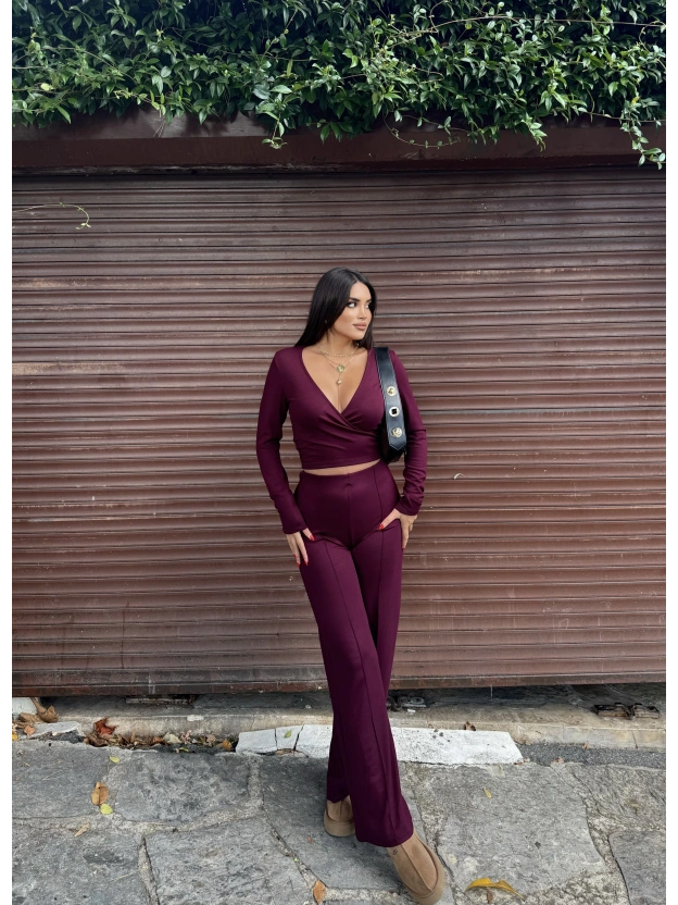 Bordo Modal Kruvaze Yaka Bağlamalı Takım