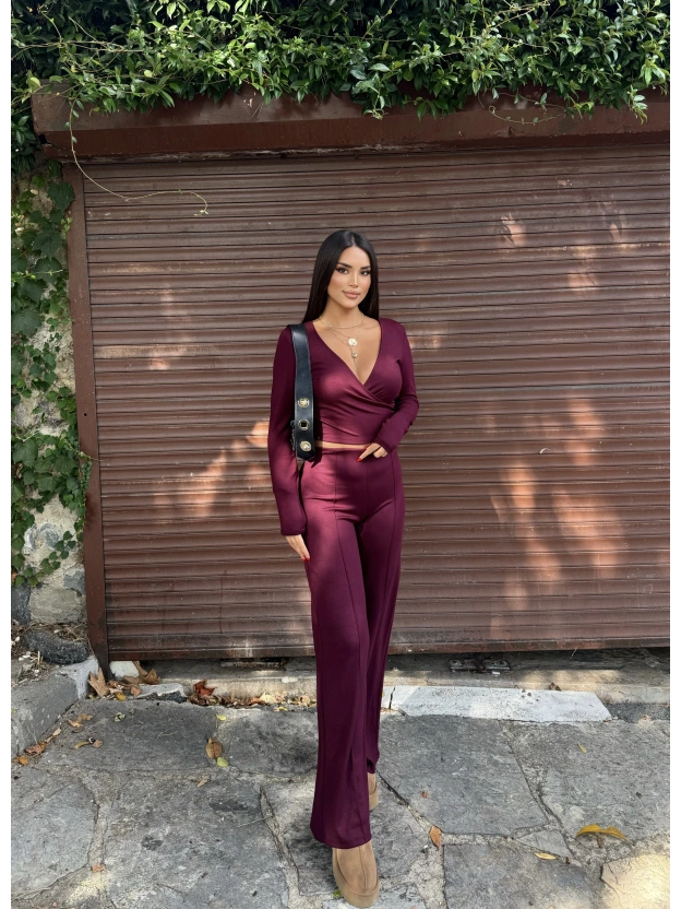 Bordo Modal Kruvaze Yaka Bağlamalı Takım